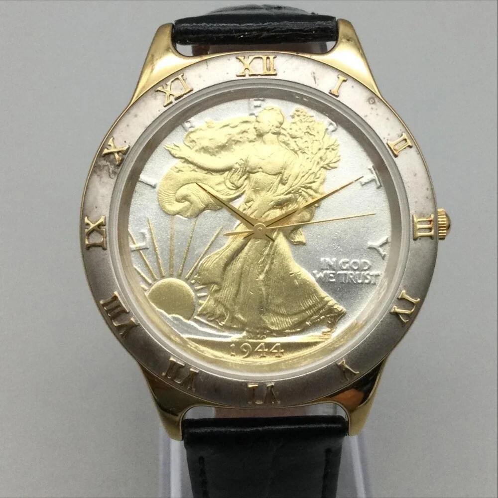 Mens Watch 39mm Walking Liberty Coin Dial 14K Gold Plated Leather New Battery